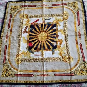 100% silk scarf navy, gold, red tan- rolled hem